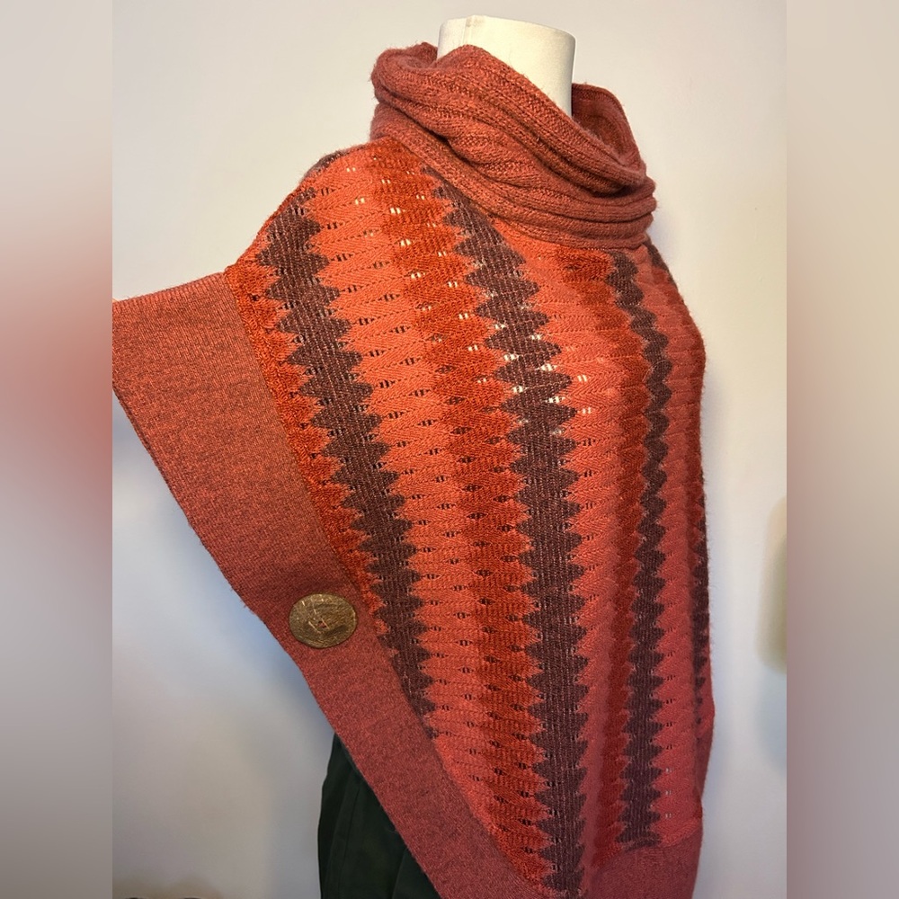 Sweater Poncho Knit Terracotta Cozy Cowl Neck Boho layers Coconut buttons